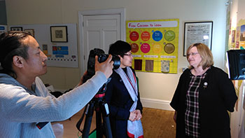 2) Macclesfield Museums Director Sue Hughes being interviewed at the Silk Museum