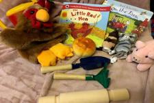 picture of the book with the props for the story 