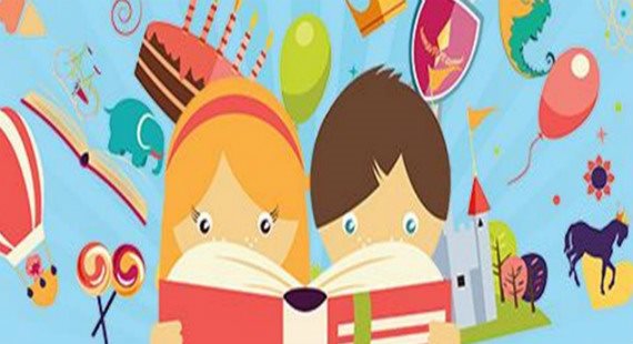 Two cartoon children reading a book