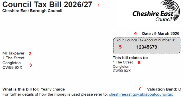 Top section of a Council Tax bill showing key account details, including the billing year, account holder name, billing address, issue date, account number, property address and Council Tax band.