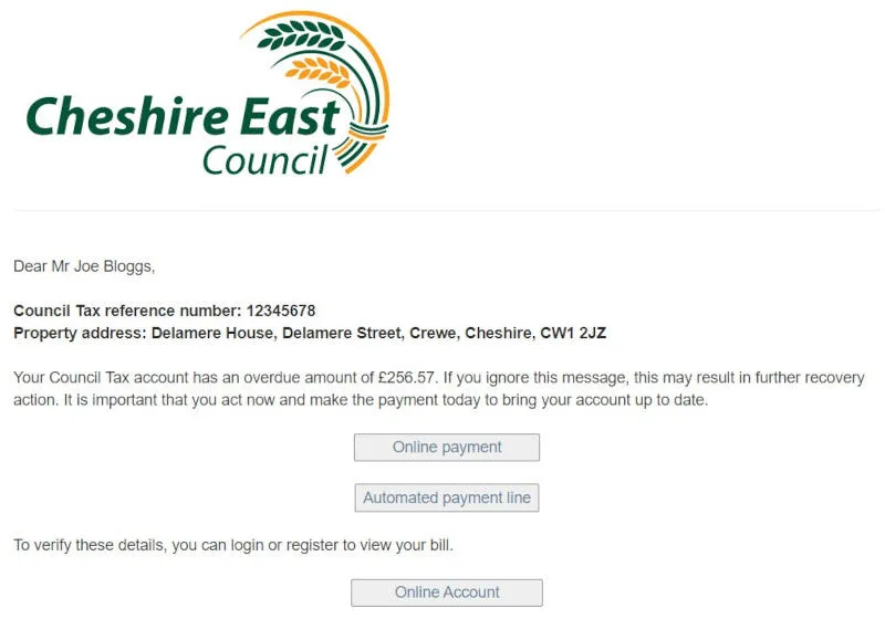 Example of a secure Cheshire East Council Council Tax message showing an overdue balance and providing payment and account access options