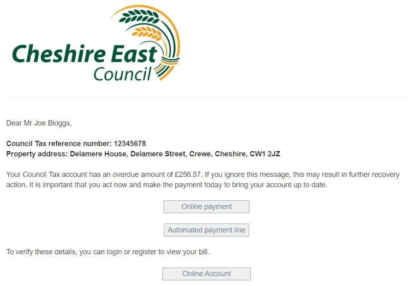 Example of a secure Cheshire East Council Council Tax message showing an overdue balance and providing payment and account access options