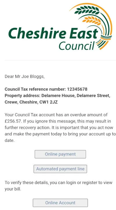 Screenshot of a Cheshire East Council Council Tax reminder showing an overdue balance, payment options and a link to view the account online.