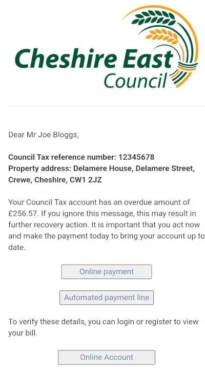 Screenshot of a Cheshire East Council Council Tax reminder showing an overdue balance, payment options and a link to view the account online.