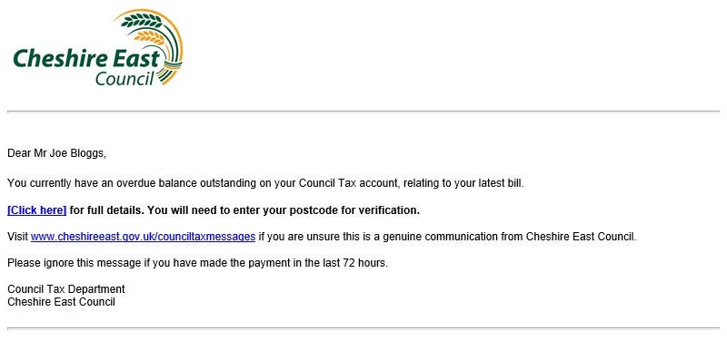 Screenshot of an email from Cheshire East Council advising that a Council Tax account has an overdue balance and providing a secure link to view further details after postcode verification.