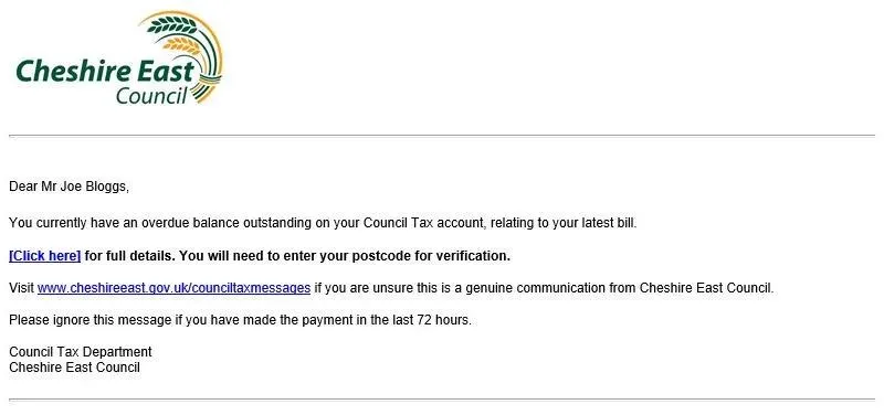 Screenshot of an email from Cheshire East Council advising that a Council Tax account has an overdue balance and providing a secure link to view further details after postcode verification.