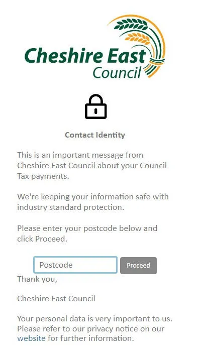 Screenshot of a secure Cheshire East Council message page asking a customer to enter their postcode to access an important message about Council Tax payments.