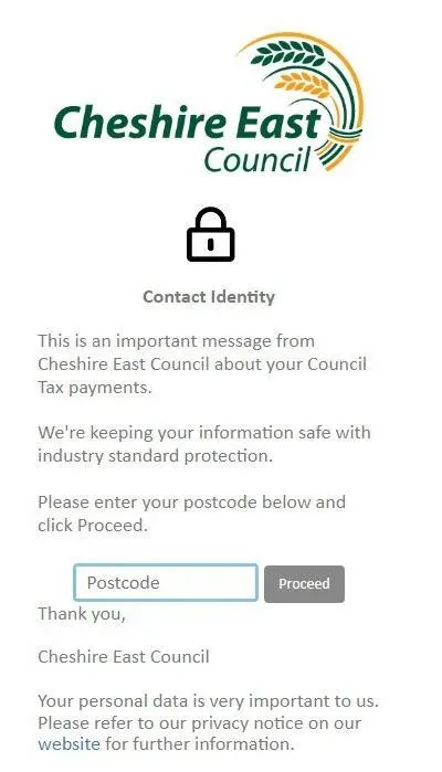 Screenshot of a secure Cheshire East Council message page asking a user to enter their postcode to view information about their Council Tax payments.