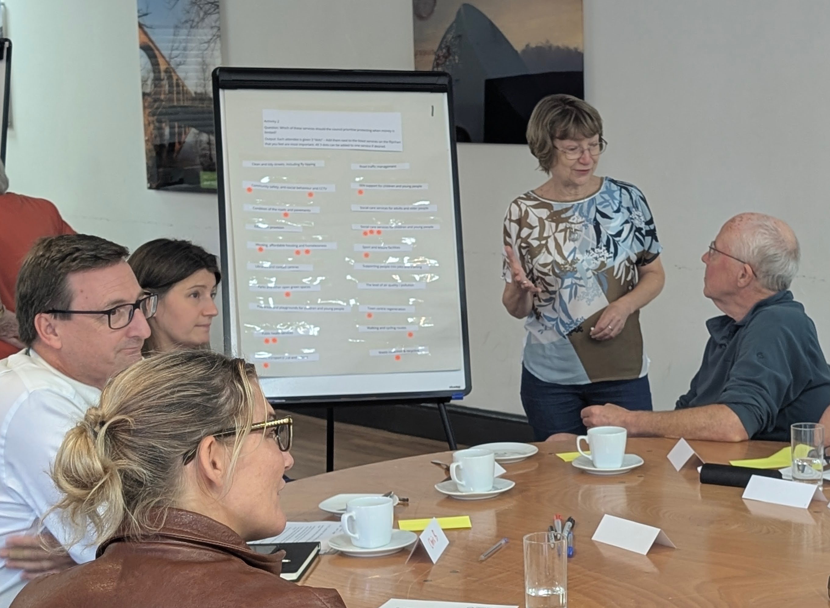 Attendees sit around a table discussing items on a flipchart.