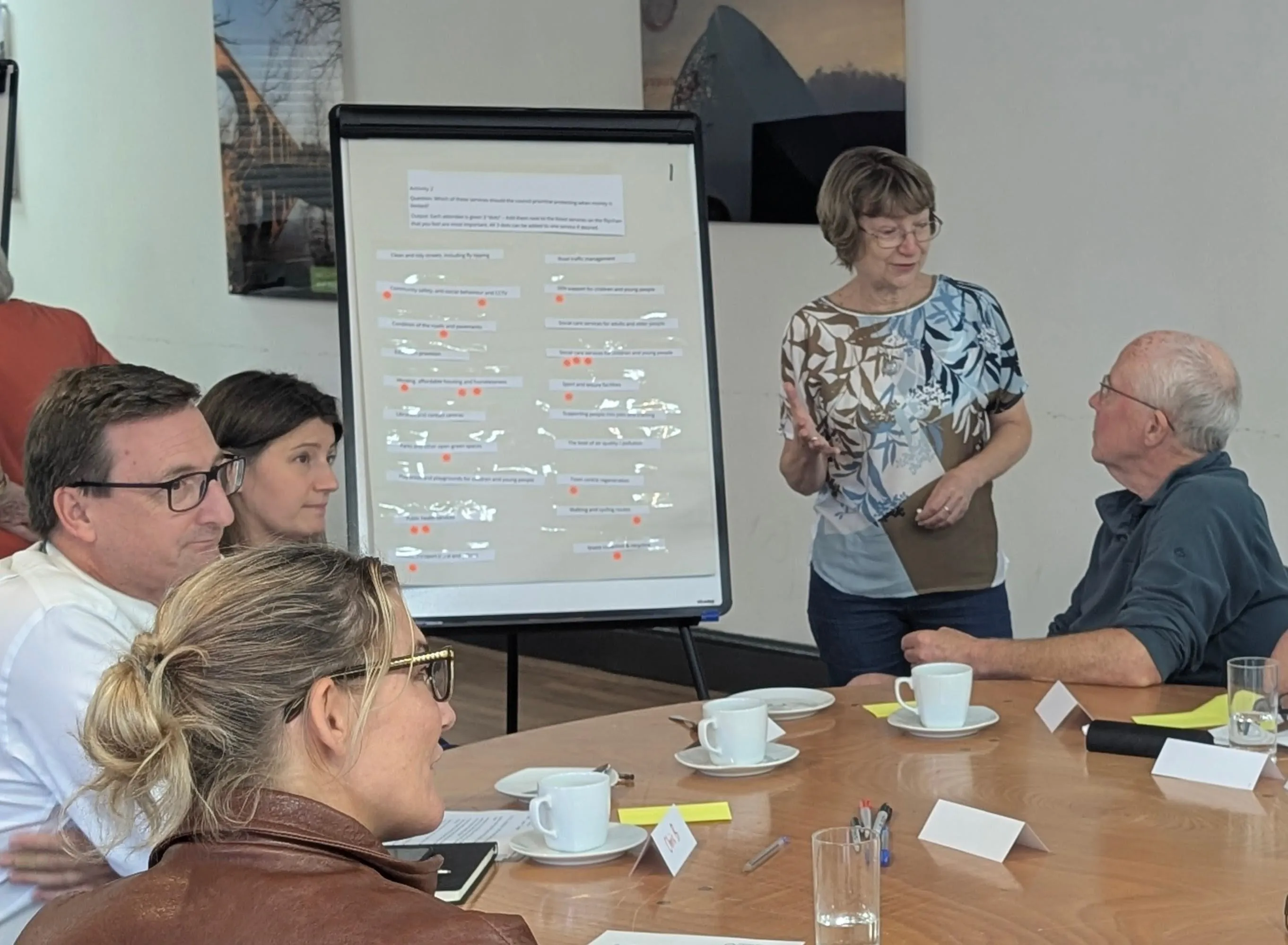Attendees sit around a table discussing items on a flipchart.