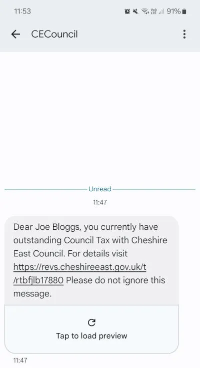 Screenshot of a text message from Cheshire East Council showing a Council Tax reminder with a link for more information about an outstanding balance.