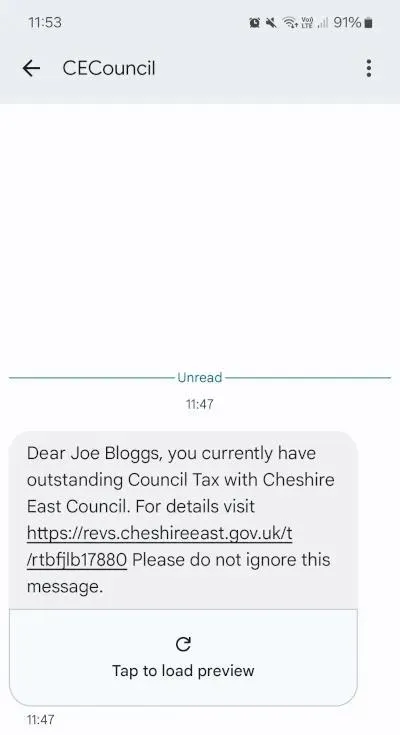 Screenshot of a text message from Cheshire East Council showing a Council Tax reminder with a link for more information about an outstanding balance.