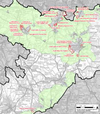Access a larger version of Figure 8.1 General extent of the existing green belt showing sites removed through the Local Plan Strategy (PDF, 1.75MB) (Opens in a new window)