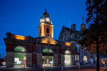Crewe Market Hall lit up at night