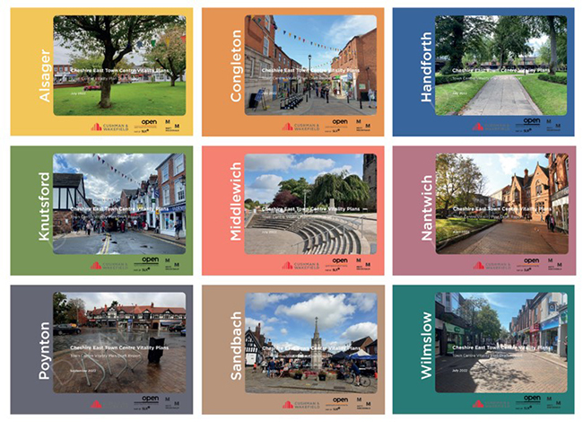 Front covers of the Town Centre Vitality Plans for Alsager, Congleton, Handforth, Knutsford, Middlewich, Nantwich, Poynton, Sandbach and Wilmslow