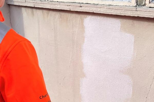 A volunteer painting the wall