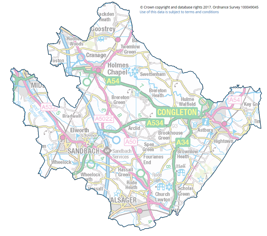 Congleton Constituency i. "You are granted a non-exclusive, royalty free, revocable licence solely to view the Licensed Data for non-commercial purposes for the period during which Cheshire East Council makes it available; ii. you are not permitted to copy, sub-licence, distribute, sell or otherwise make available the Licensed Data to third parties in any form; and iii. third party rights to enforce the terms of this licence shall be reserved to Ordnance Survey";