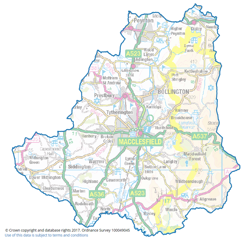 Macclesfield Constituency You are granted a non-exclusive, royalty free, revocable licence solely to view the Licensed Data for non-commercial purposes for the period during which Cheshire East Council makes it available; ii. you are not permitted to copy, sub-licence, distribute, sell or otherwise make available the Licensed Data to third parties in any form; and iii. third party rights to enforce the terms of this licence shall be reserved to Ordnance Survey
