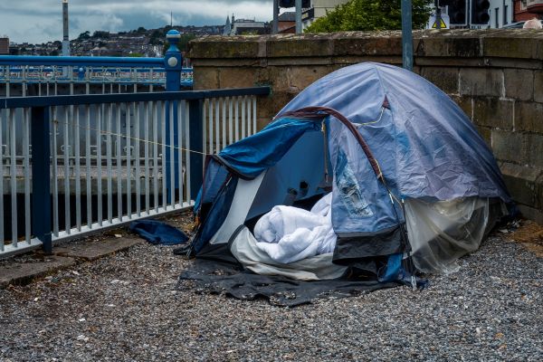 Blue tent in an urban area 