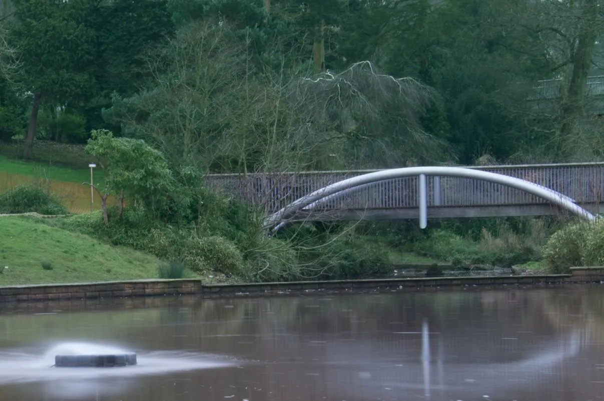 A picture taken in Queen's Park, Crewe, of a lake and bridge. 