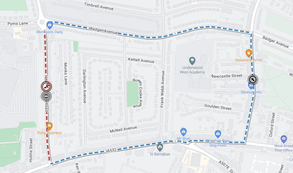 Minshull New Road Diversion Route