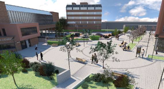 An artist's impression of the public space to be created in the civic and cultural quarter of Crewe town centre