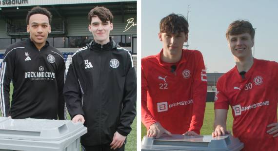 Macclesfield FC Youth Academy players Brayden Gibbons and Danny Guiver and Crewe Alexandra FC players Phil Croker and Stan Dancey during filming
