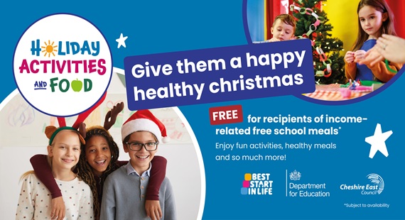Promotional banner for a Christmas-themed 'Holiday Activities and Food' programme. Text highlights free access for children receiving income-related free school meals, offering fun activities and healthy meals.
