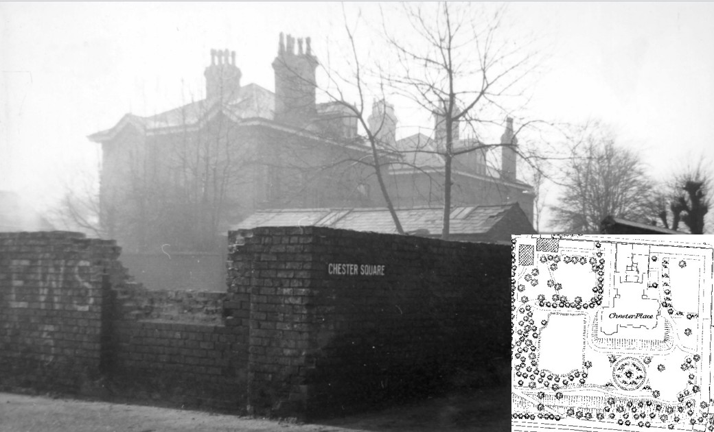 Image of Chester Place prior to demolition (Cheshire Archives and Local Studies: Alert Hunn:c05715) inset Plan of Chester place taken from the 1875 Crewe Town Plan, showing the garden details