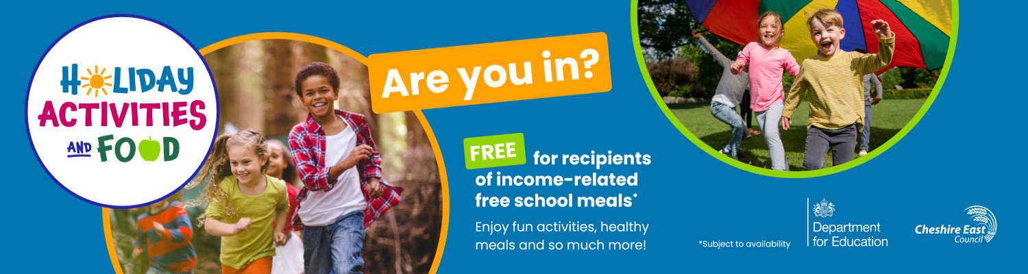 HAF banner- text reads "Holiday Activities and Food, Are you in? , Free for recipients of income-related free school meals, enjoy fun activities, healthy meals and so much more!"
