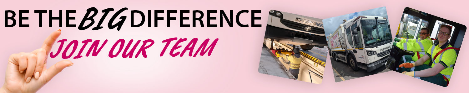 The image has pale pink. Text on the left reads: Be the BIG difference join our team.  A hand is in the bottom left of the main image holding the word 'join', from the sentence 'join our team'. On the right: are 3 promotional images placed at angles, one with two employees in a waste collection vehicle, one with a waste collection vehicle parked on the car park at Middlewich Envirohub and one with a Mechanic Fitter in a vehicle bay who is looking a waste vehicle.