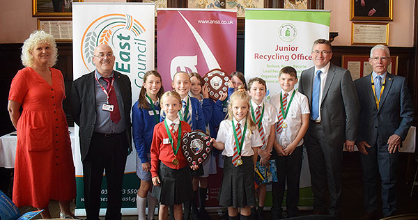 .Junior Recycling Officer Joint winners-Bexton Primary School,Knutsford and-Highfields Academy Nantwich with judges
